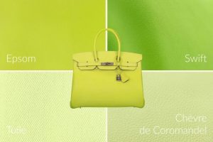 Hermes Birkin bag in green Kiwi color with Epsom, Swift, Totie, and Chevre de Coromandel leather options.