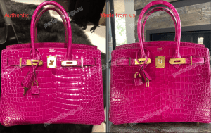 Side-by-side comparison of authentic Hermès Birkin crocodile bag and a replica from Replica Hermes Handbags Shop in vibrant pink color.