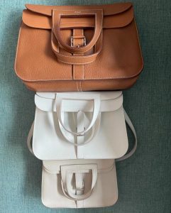 A side-by-side comparison of the Hermès Halzan 31 bag with Mini and 25 sizes
