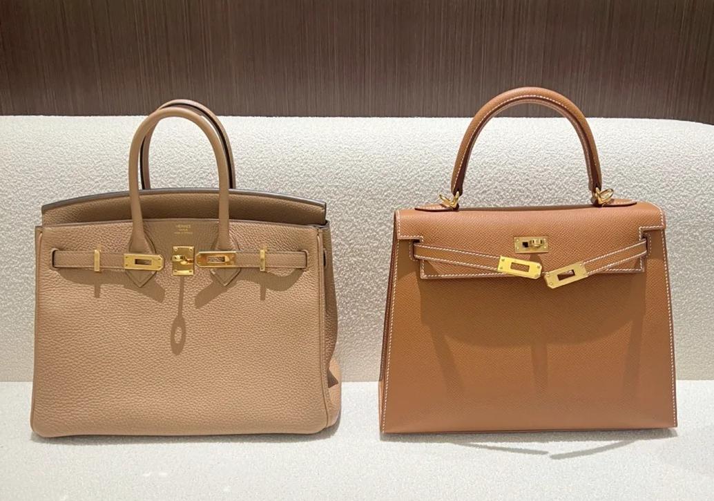 Hermes Birkin vs Kelly in neutral tones, comparing the classic Birkin bag and Kelly bag with gold hardware.