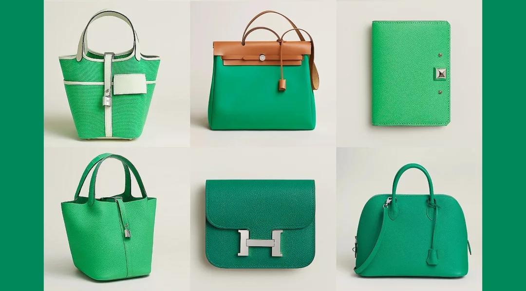 A collection of Hermes green bags featuring various designs and styles