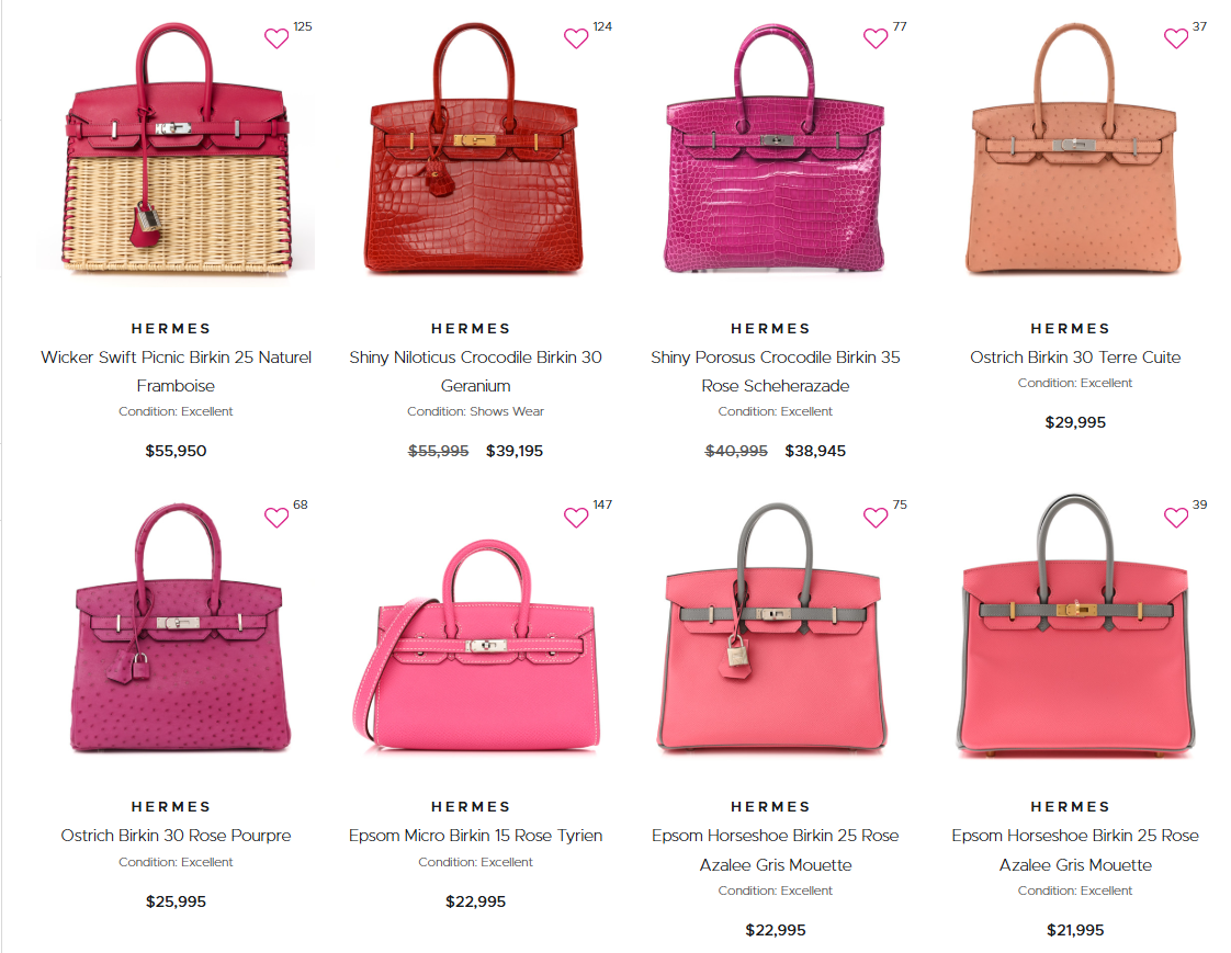 A collectsion of pink Birkin bags displayed on Fashionphile