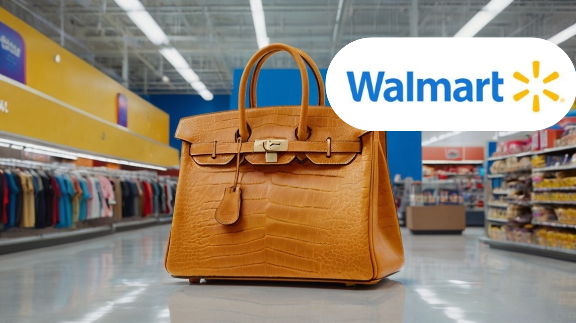 Walmart Birkin bag placed in a Walmart store aisle
