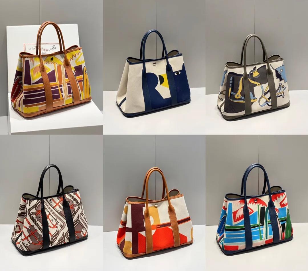 Various designs of the Hermes Garden Party bag, showcasing colorful and unique patterns.