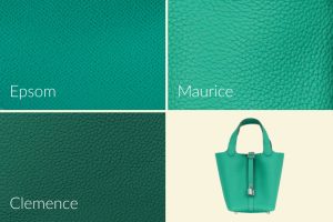 Green Hermes bag in Vert Jade color with comparison of Epsom, Maurice, and Clemence leather types