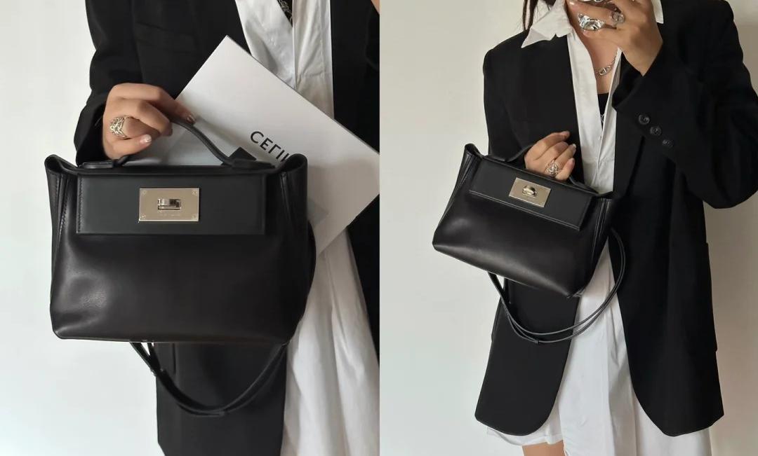 Hermès 24 24 black bag styled with a blazer