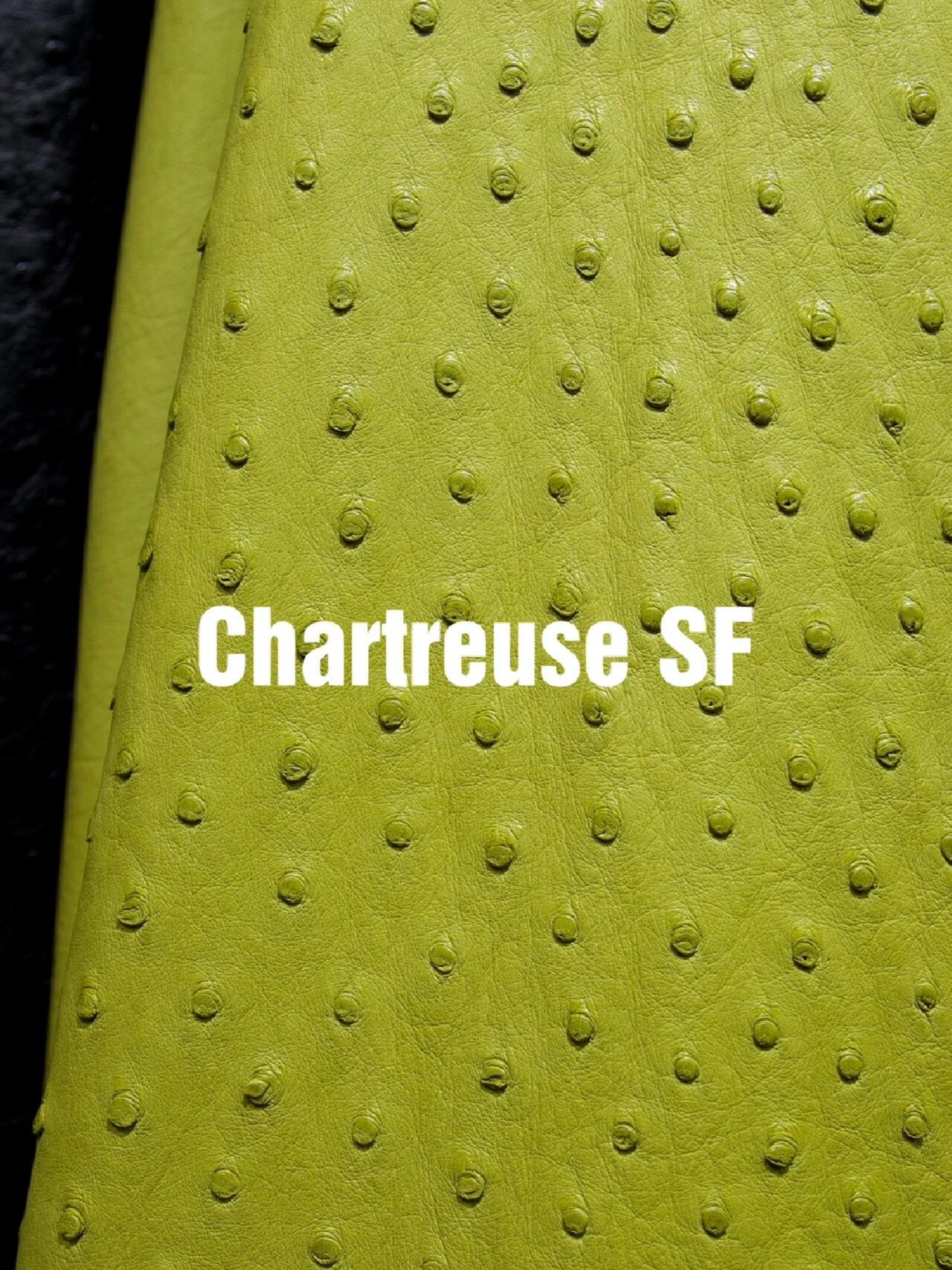 Vibrant Chartreuse SF green Hermes ostrich leather, displaying the iconic texture used in authentic Hermes ostrich bags.