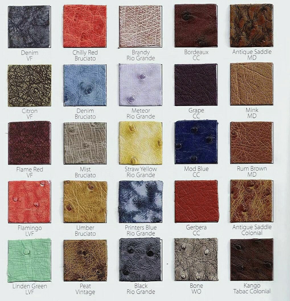 A diverse palette of Hermes ostrich leather colors including deep Bordeaux, Denim blue, and earthy Umber tones, perfect for choosing a custom Hermes ostrich bag color.