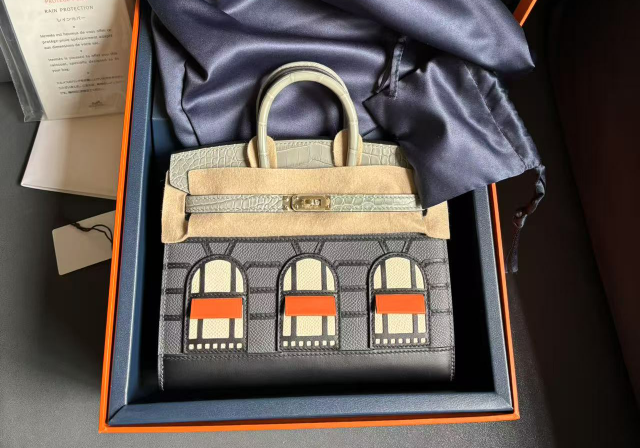 An unboxing view of the Hermes Faubourg Birkin 20 Rainy Day edition